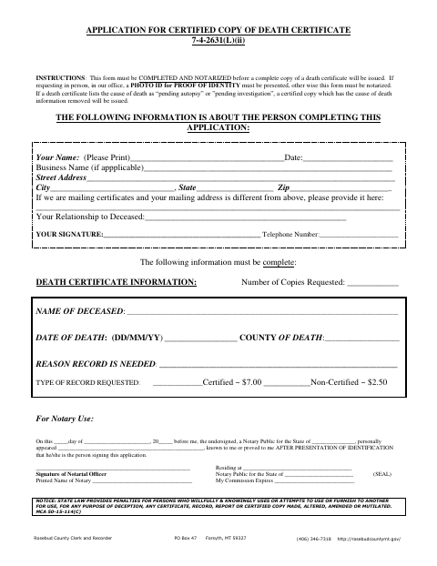Application for Certified Copy of Death Certificate, Rosebud County form, first page
