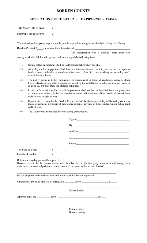 Application for Utility Cable or Pipeline Crossings, Borden County form, first page