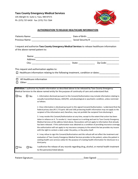 Authorization To Release Healthcare Information, Taos County form, first page