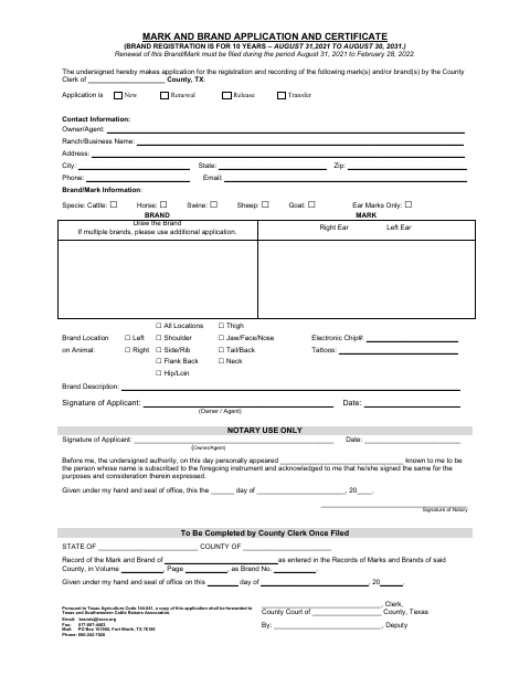 Mark and Brand Application and Certificate, Moore County form, first page