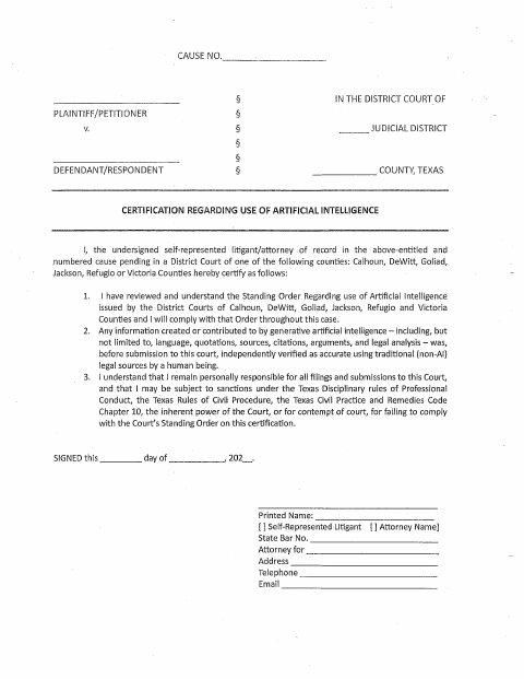 First page of the Certification Regarding Use of Artificial Intelligence