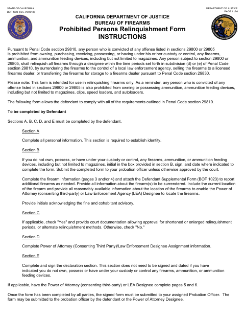 First page of the Prohibited Persons Relinquishment Form