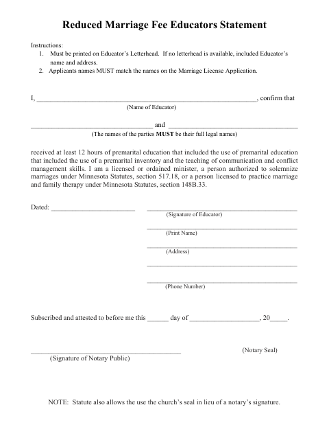 Reduced Marriage Fee Educator Statement, Stevens County form, first page