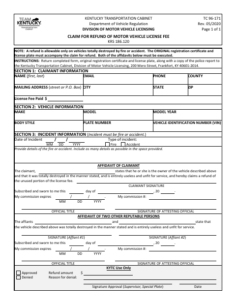 Claim for Refund of Motor Vehicle License Fee TC 96-171 first page