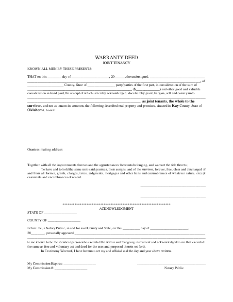 Warranty Deed Joint Tenancy, Kay County form, first page