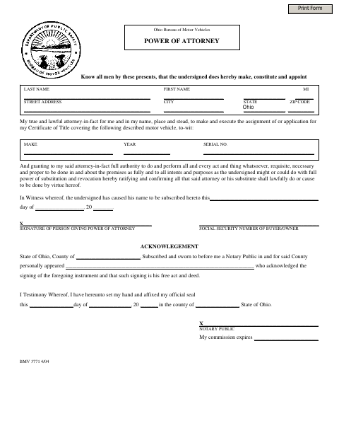 Motor Vehicle Power of Attorney, Lucas County form, first page