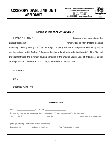 First page of the Accessory Dwelling Unit Affidavit