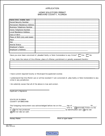 Home Solicitors Permit Application-963 — Brevard County form, first page
