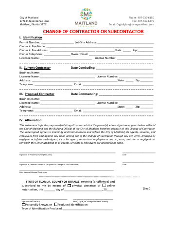 First page of the Change of Contractor or Subcontractor