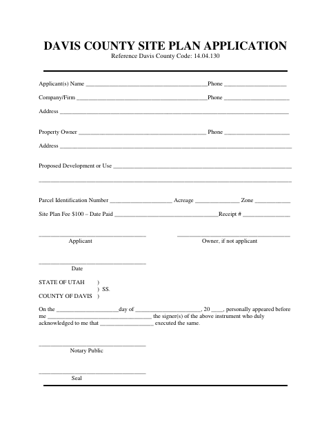 Site Plan Application, Davis County form, first page