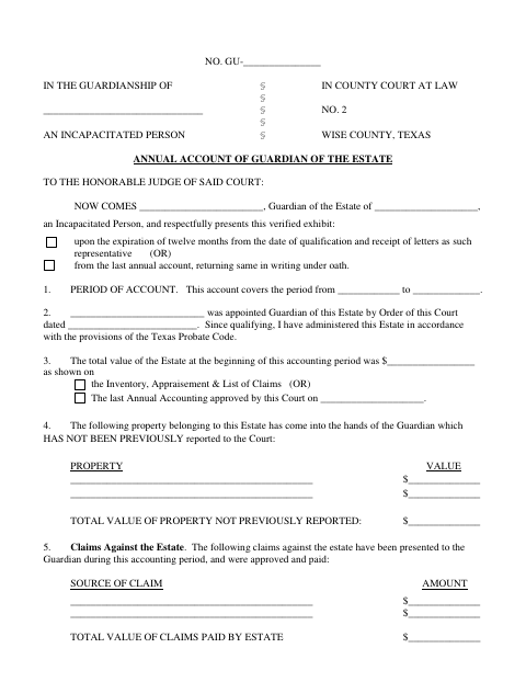 Annual Account of Guardian of the Estate, Wise County form, first page