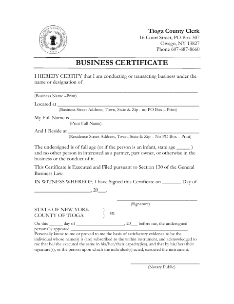 Business Certificate, Tioga County form, first page