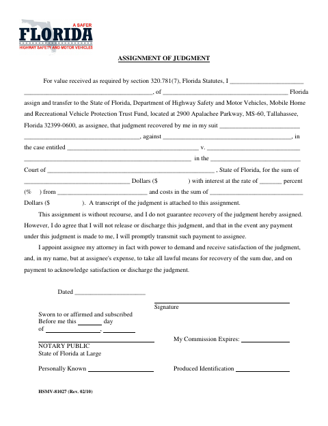 HSMV-81027 Assignment of Judgment first page