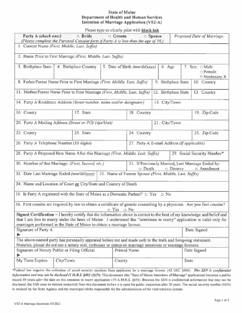 First page of the Intention of Marriage Application