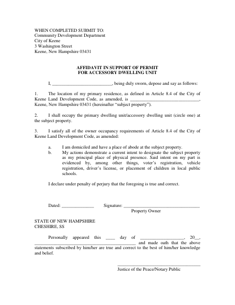First page of the Affidavit in Support of Permit for Accessory Dwelling Unit