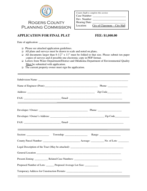 Application For Final Plat, Rogers County form, first page