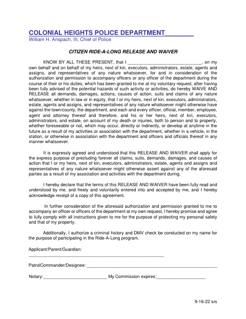 Citizen Ride-Along Release and Waiver, City of Colonial Heights form, first page