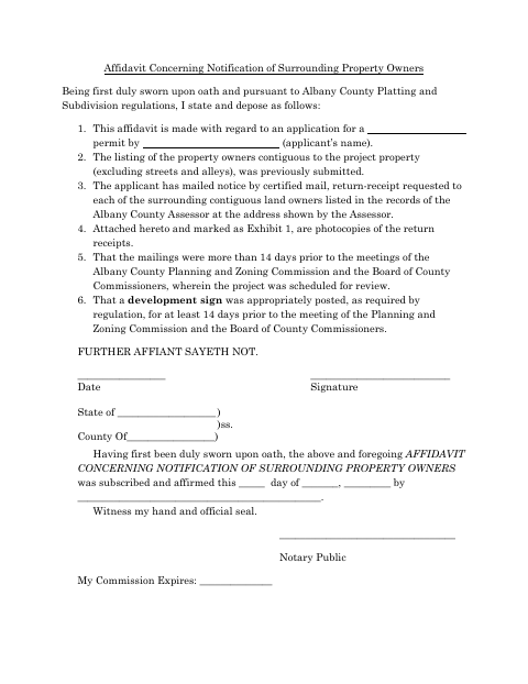 Affidavit Concerning Notification of Surrounding Property Owners, Albany County form, first page