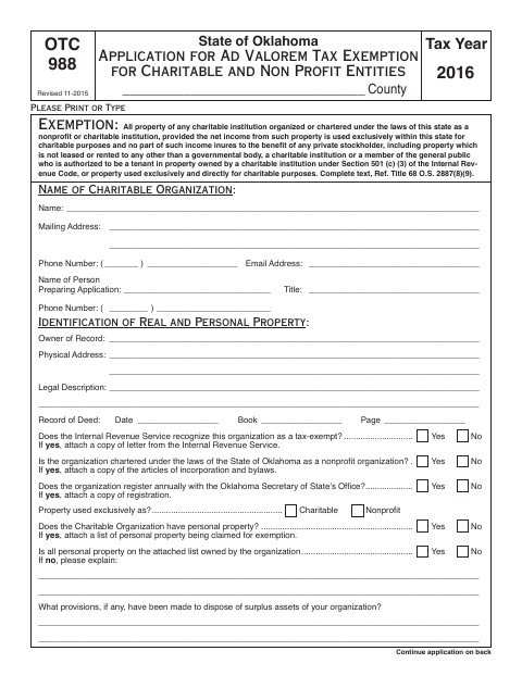 Application for Ad Valorem Tax Exemption for Charitable and Nonprofit Entities, Love County form, first page