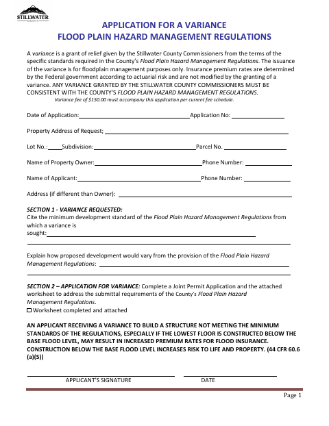 Flood Plain Variance Application, Stillwater County form, first page
