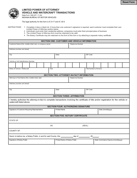 Limited Power of Attorney for Vehicle and Watercraft Transactions – State Form 1940 first page