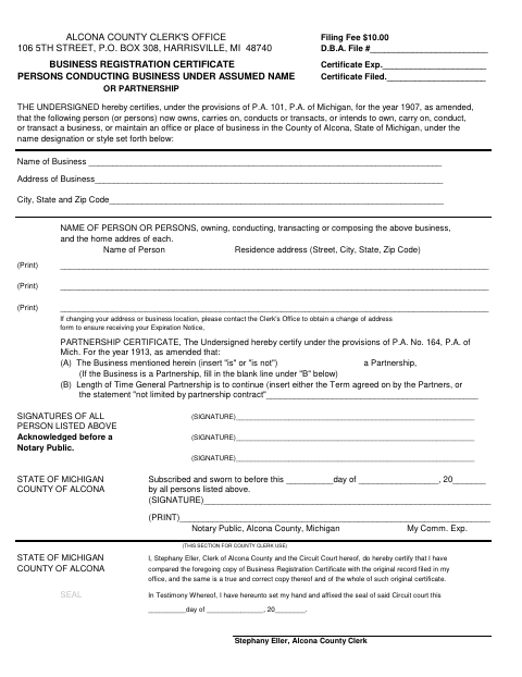 Business Registration Certificate for Assumed Name or Partnership, Alcona County form, first page