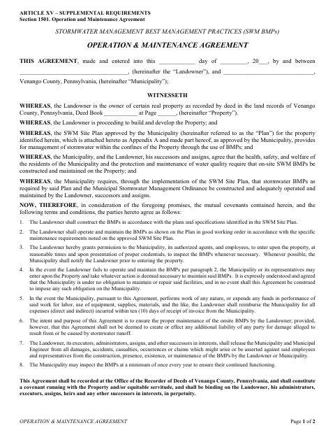 Stormwater Management Operation and Maintenance Agreement, Venango County form, first page