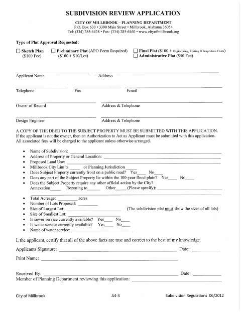 First page of the Subdivision Review Application