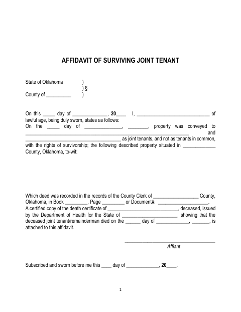 Affidavit of Surviving Joint Tenant Non-Spouse, Rogers County form, first page