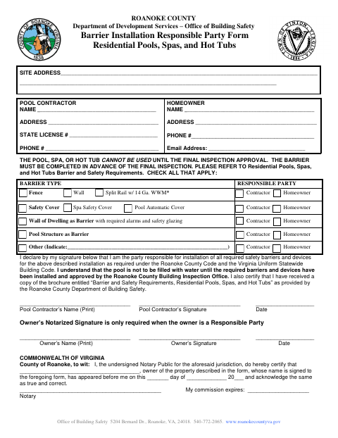 Barrier Installation Responsible Party Form For Residential Pools, Spas, And Hot Tubs, Roanoke County form, first page