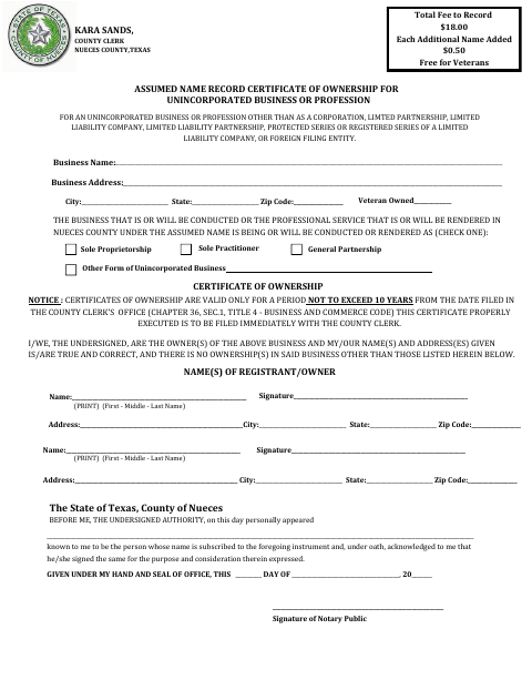Certificate of Ownership for Unincorporated Business or Profession, Nueces County form, first page