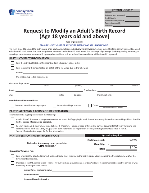 HD002292 Request to Modify an Adult’s Birth Record first page