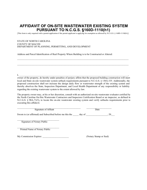 Affidavit of On-Site Wastewater Existing System, Macon County form, first page