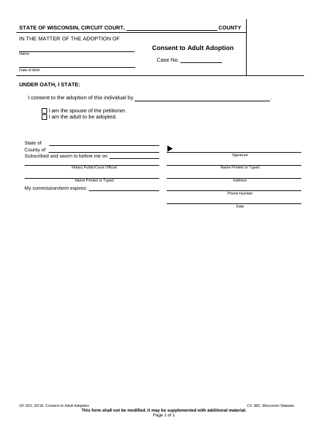 Consent to Adult Adoption, Crawford County form, first page