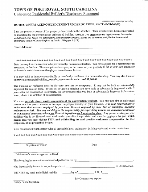 First page of the Unlicensed Residential Builder's Disclosure Statement