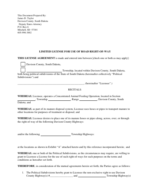 Limited License For Use Of Road Right-Of-Way, Davison County form, first page