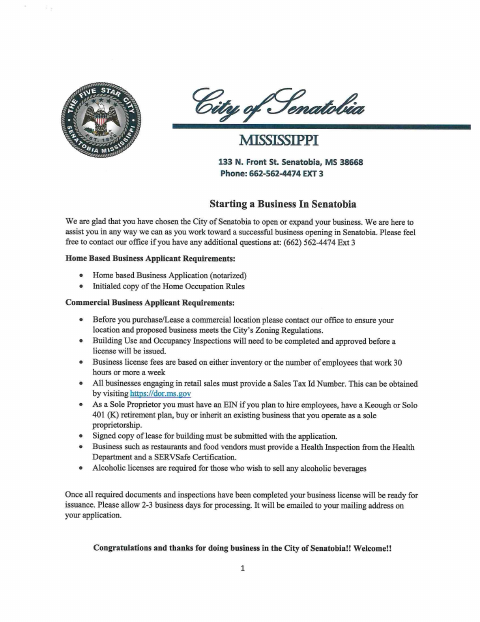 First page of the Business License Application