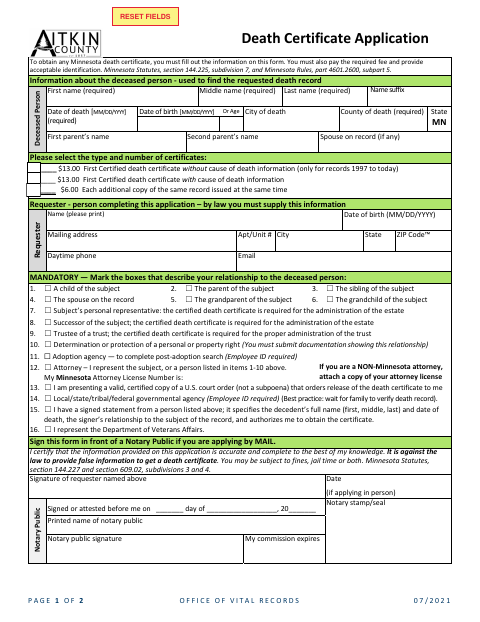 Death Certificate Application, Aitkin County form, first page