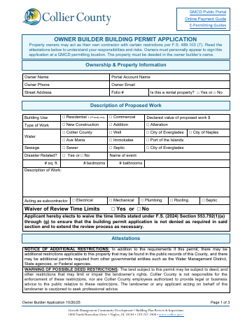OWNER BUILDER BUILDING PERMIT APPLICATION — Collier County form, first page