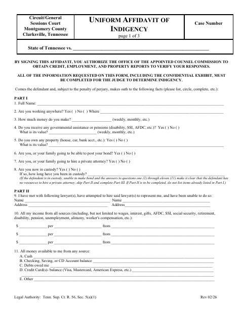 Uniform Affidavit of Indigency, Montgomery County form, first page