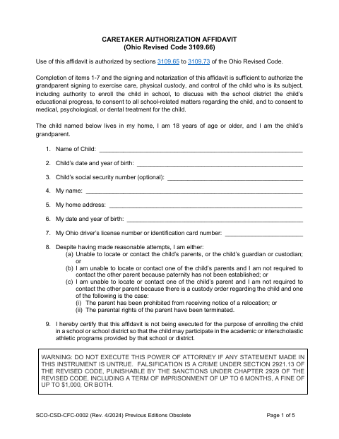 Caretaker Authorization Affidavit, Miami County form, first page