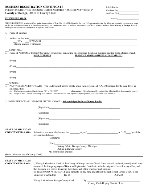 Business Registration Certificate for Assumed Name or Partnership, Baraga County form, first page