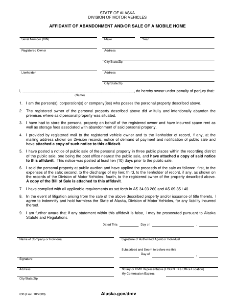 Form 838 Affidavit of Abandonment and/or Sale of a Mobile Home first page