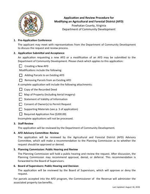 Agricultural and Forestal District Application, Powhatan County form, first page