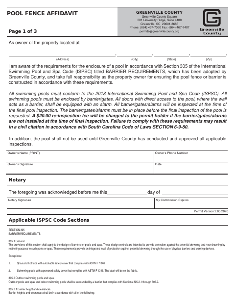 Pool Fence Affidavit, Greenville County form, first page
