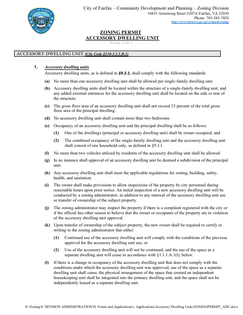 Accessory Dwelling Unit Zoning Permit, City of Fairfax form, first page