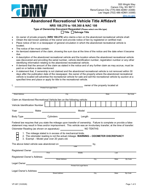 VP-267 Abandoned Recreational Vehicle Title Affidavit first page