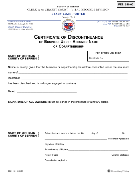 Certificate of Discontinuance of Business, Berrien County form, first page