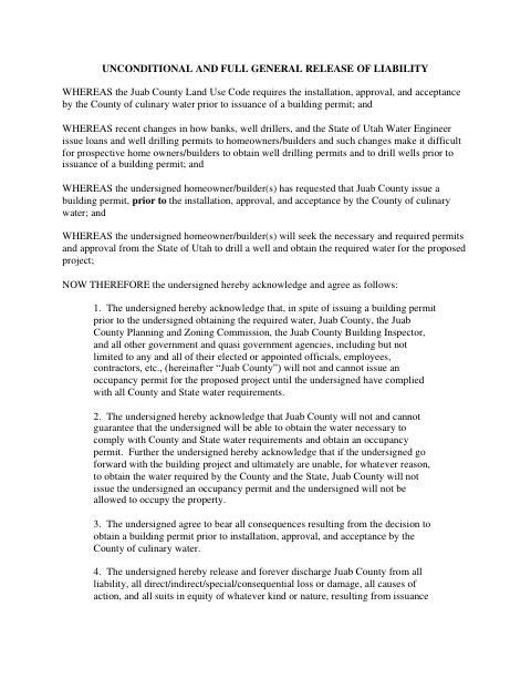 Unconditional and Full General Release of Liability, Juab County form, first page