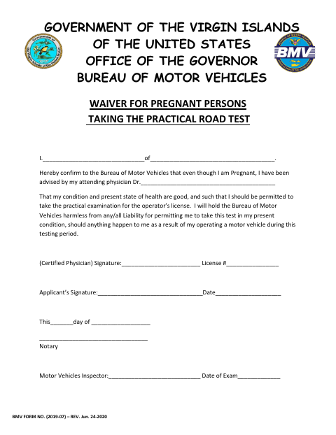 BMV Form 2019-07 Waiver for Pregnant Persons Taking the Practical Road Test first page